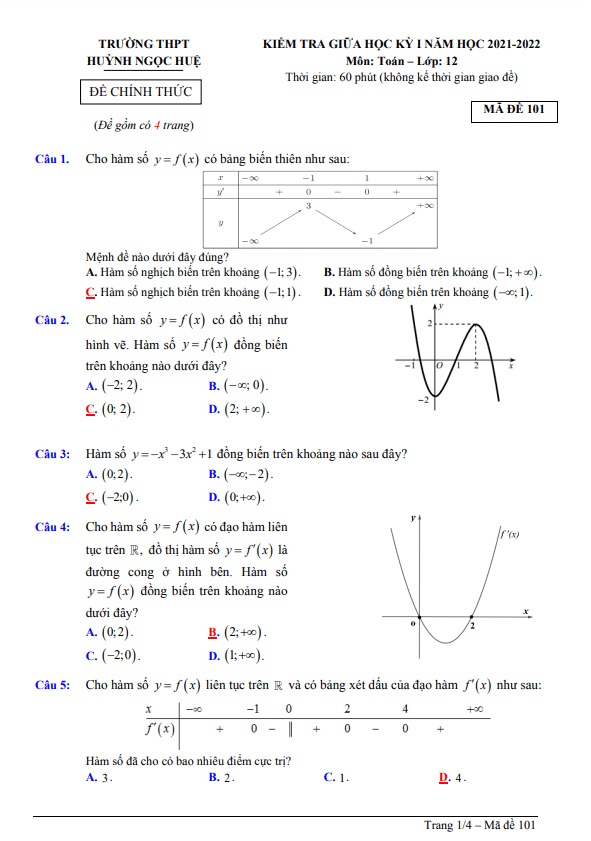 Đề thi giữa học kì 1 (HK1) lớp 12 môn Toán năm 2021 2022 trường THPT Huỳnh Ngọc Huệ Quảng Nam