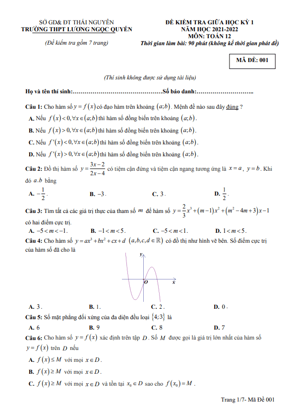 Đề thi giữa học kì 1 (HK1) lớp 12 môn Toán năm 2021 2022 trường THPT Lương Ngọc Quyến Thái Nguyên