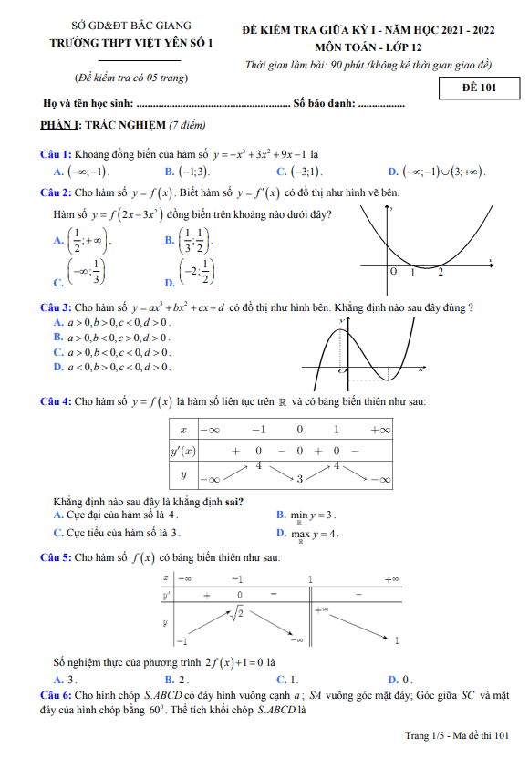 Đề thi giữa học kì 1 (HK1) lớp 12 môn Toán năm 2021 2022 trường THPT Việt Yên 1 Bắc Giang