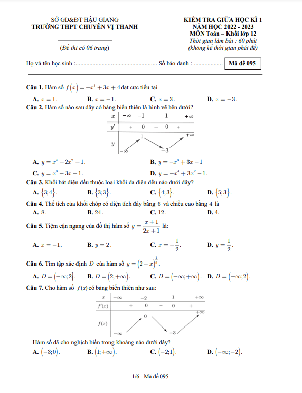 Đề thi giữa học kì 1 (HK1) lớp 12 môn Toán năm 2022 2023 trường chuyên Vị Thanh Hậu Giang