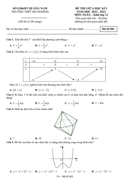 Đề thi giữa học kì 1 (HK1) lớp 12 môn Toán năm 2022 2023 trường THPT Hồ Nghinh Quảng Nam