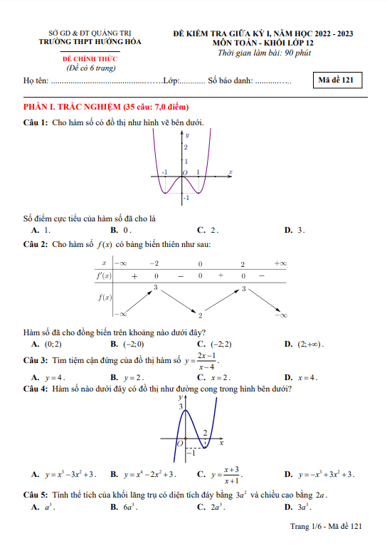 Đề thi giữa học kì 1 (HK1) lớp 12 môn Toán năm 2022 2023 trường THPT Hướng Hóa Quảng Trị