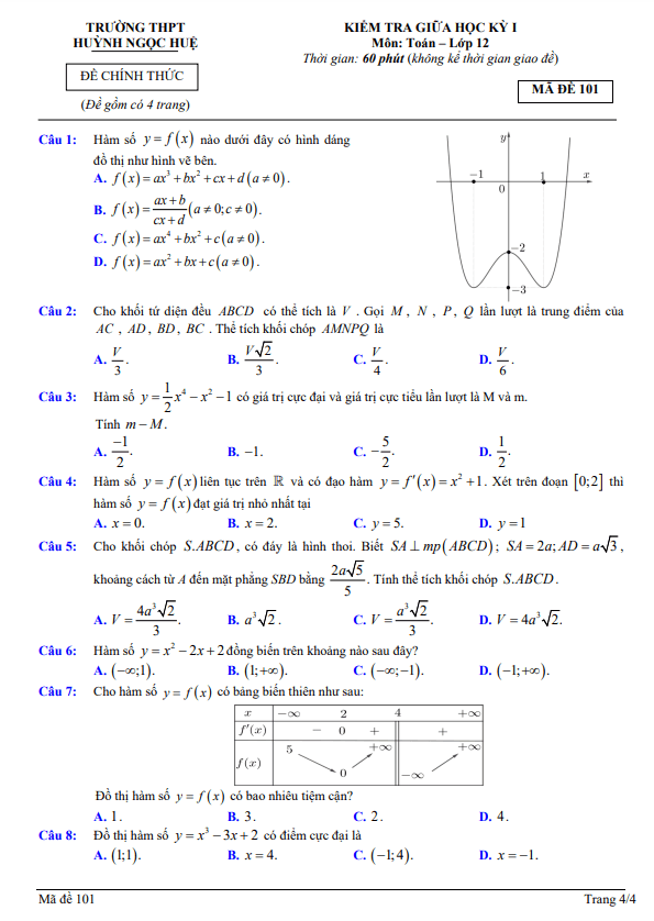 Đề thi giữa học kì 1 (HK1) lớp 12 môn Toán năm 2022 2023 trường THPT Huỳnh Ngọc Huệ Quảng Nam