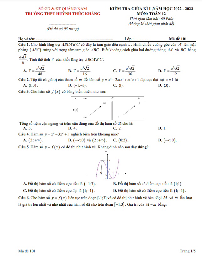 Đề thi giữa học kì 1 (HK1) lớp 12 môn Toán năm 2022 2023 trường THPT Huỳnh Thúc Kháng Quảng Nam