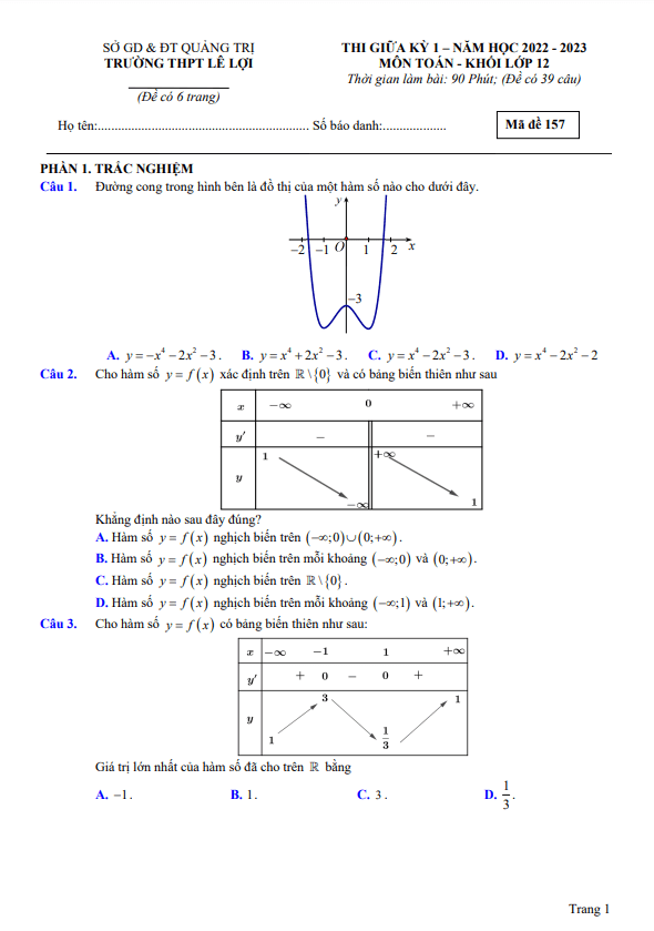 Đề thi giữa học kì 1 (HK1) lớp 12 môn Toán năm 2022 2023 trường THPT Lê Lợi Quảng Trị