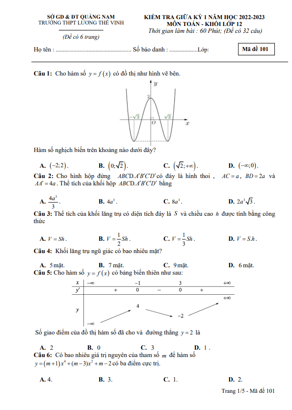 Đề thi giữa học kì 1 (HK1) lớp 12 môn Toán năm 2022 2023 trường THPT Lương Thế Vinh Quảng Nam