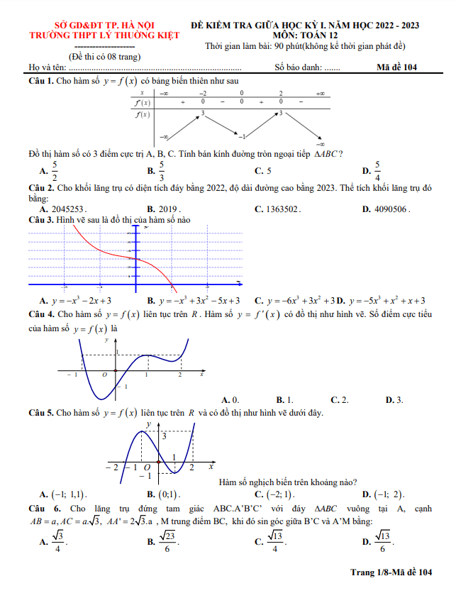 Đề thi giữa học kì 1 (HK1) lớp 12 môn Toán năm 2022 2023 trường THPT Lý Thường Kiệt Hà Nội
