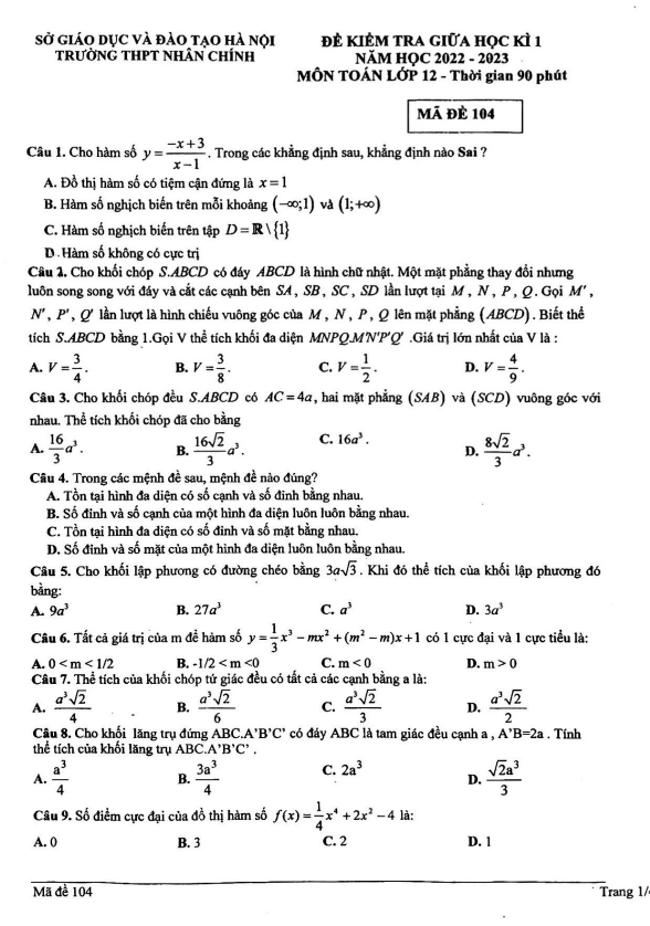 Đề thi giữa học kì 1 (HK1) lớp 12 môn Toán năm 2022 2023 trường THPT Nhân Chính Hà Nội