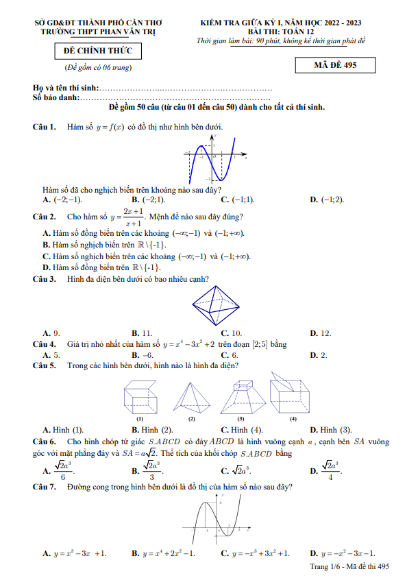 Đề thi giữa học kì 1 (HK1) lớp 12 môn Toán năm 2022 2023 trường THPT Phan Văn Trị Cần Thơ