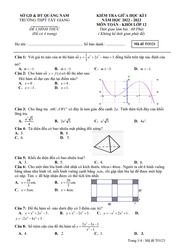 Đề thi giữa học kì 1 (HK1) lớp 12 môn Toán năm 2022 2023 trường THPT Tây Giang Quảng Nam