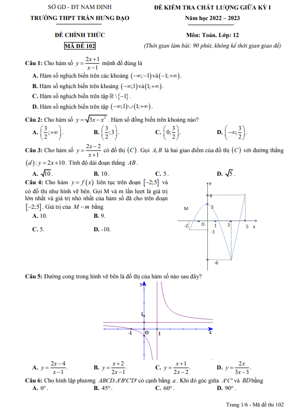 Đề thi giữa học kì 1 (HK1) lớp 12 môn Toán năm 2022 2023 trường THPT Trần Hưng Đạo Nam Định
