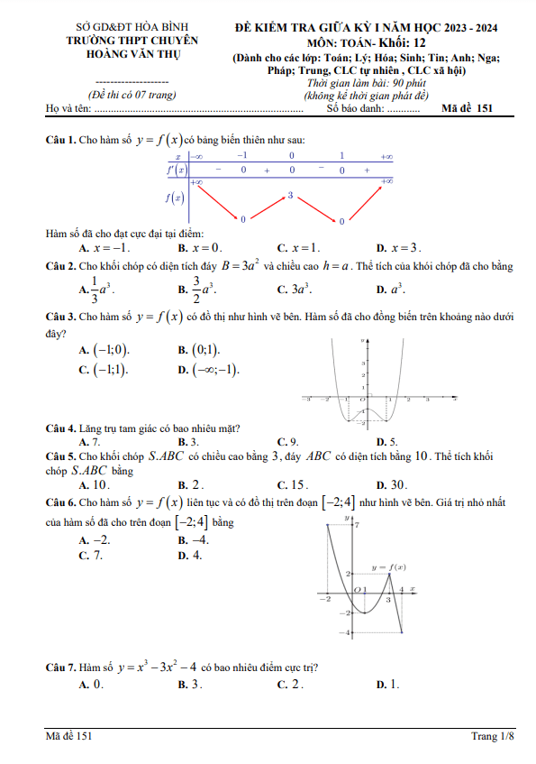Đề thi giữa học kì 1 (HK1) lớp 12 môn Toán năm 2023 2024 trường chuyên Hoàng Văn Thụ Hòa Bình