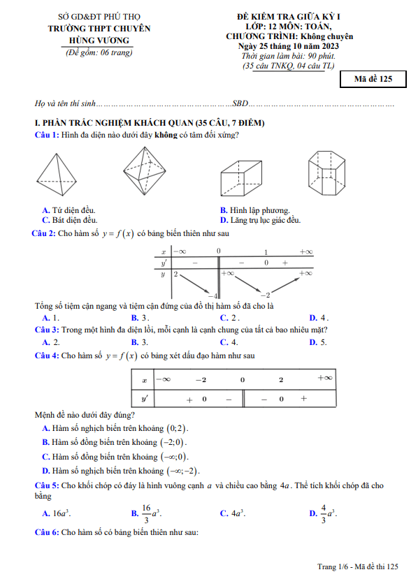 Đề thi giữa học kì 1 (HK1) lớp 12 môn Toán năm 2023 2024 trường chuyên Hùng Vương Phú Thọ