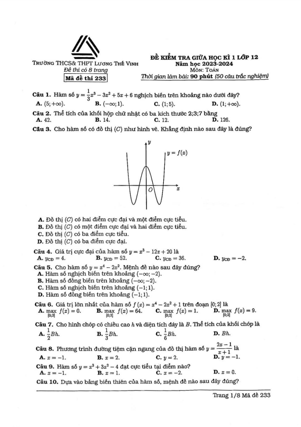 Đề thi giữa học kì 1 (HK1) lớp 12 môn Toán năm 2023 2024 trường Lương Thế Vinh Hà Nội