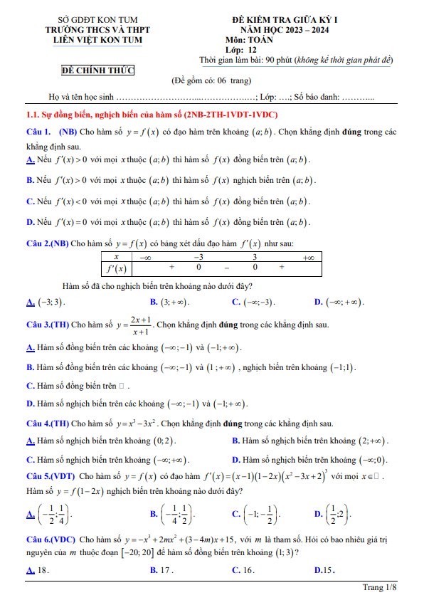 Đề thi giữa học kì 1 (HK1) lớp 12 môn Toán năm 2023 2024 trường THCS THPT Liên Việt Kon Tum