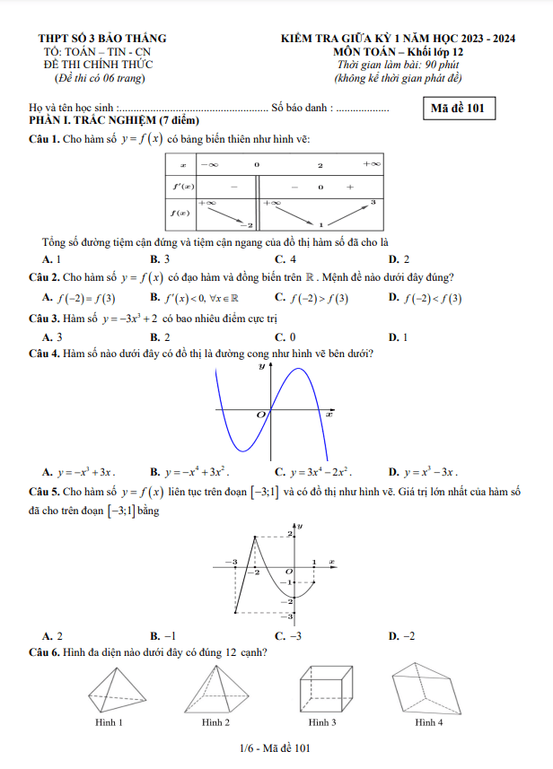 Đề thi giữa học kì 1 (HK1) lớp 12 môn Toán năm 2023 2024 trường THPT Bảo Thắng 3 Lào Cai