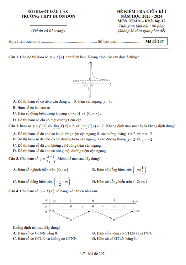 Đề thi giữa học kì 1 (HK1) lớp 12 môn Toán năm 2023 2024 trường THPT Buôn Đôn Đắk Lắk