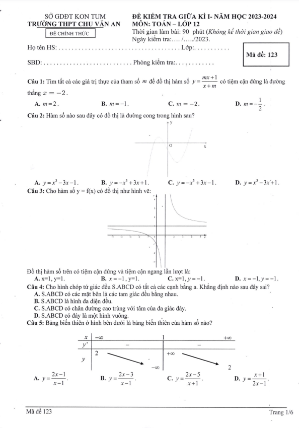 Đề thi giữa học kì 1 (HK1) lớp 12 môn Toán năm 2023 2024 trường THPT Chu Văn An Kon Tum