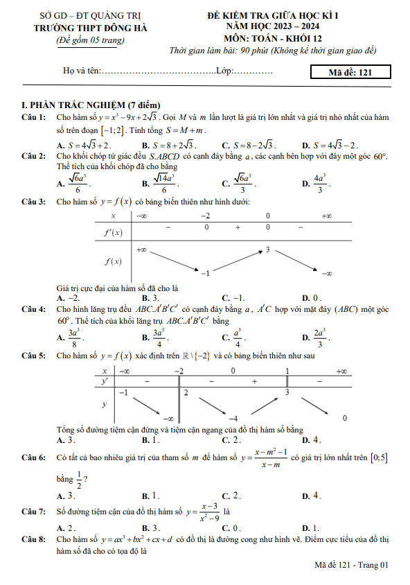 Đề thi giữa học kì 1 (HK1) lớp 12 môn Toán năm 2023 2024 trường THPT Đông Hà Quảng Trị