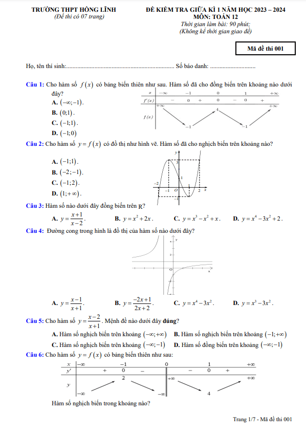 Đề thi giữa học kì 1 (HK1) lớp 12 môn Toán năm 2023 2024 trường THPT Hồng Lĩnh Hà Tĩnh