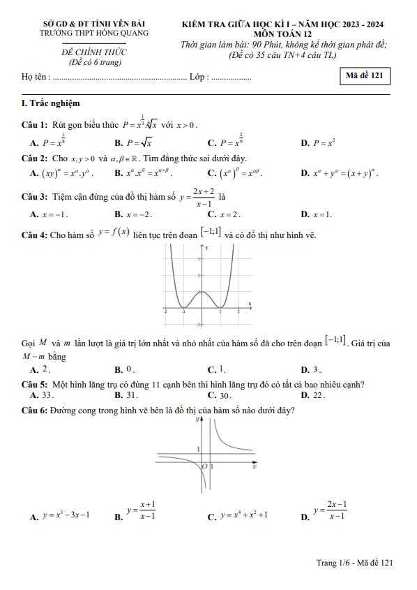 Đề thi giữa học kì 1 (HK1) lớp 12 môn Toán năm 2023 2024 trường THPT Hồng Quang Yên Bái