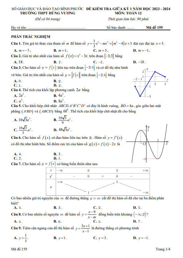 Đề thi giữa học kì 1 (HK1) lớp 12 môn Toán năm 2023 2024 trường THPT Hùng Vương Bình Phước