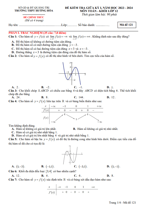 Đề thi giữa học kì 1 (HK1) lớp 12 môn Toán năm 2023 2024 trường THPT Hướng Hóa Quảng Trị