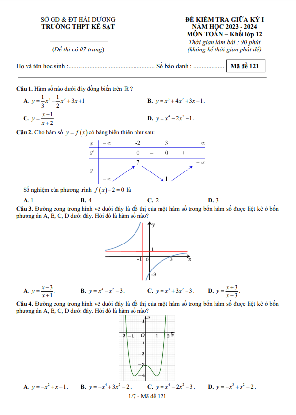 Đề thi giữa học kì 1 (HK1) lớp 12 môn Toán năm 2023 2024 trường THPT Kẻ Sặt Hải Dương