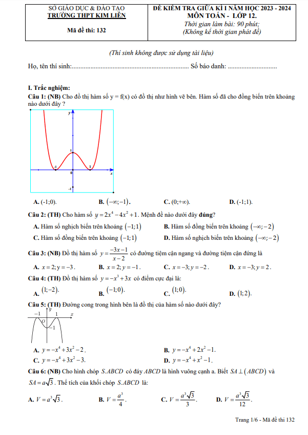 Đề thi giữa học kì 1 (HK1) lớp 12 môn Toán năm 2023 2024 trường THPT Kim Liên Nghệ An
