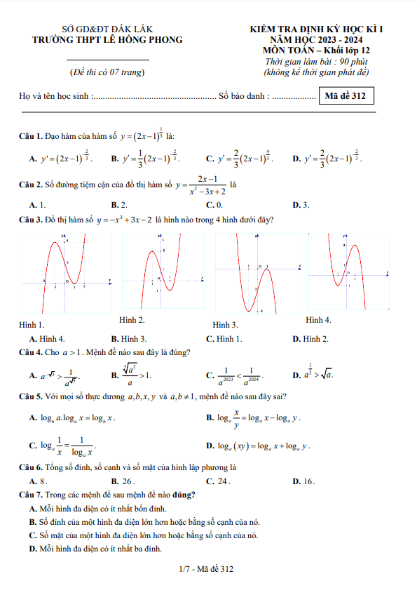 Đề thi giữa học kì 1 (HK1) lớp 12 môn Toán năm 2023 2024 trường THPT Lê Hồng Phong Đắk Lắk