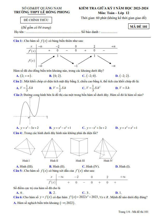 Đề thi giữa học kì 1 (HK1) lớp 12 môn Toán năm 2023 2024 trường THPT Lê Hồng Phong Quảng Nam