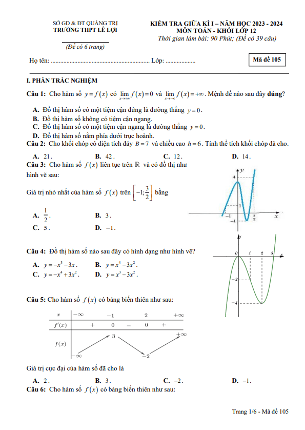 Đề thi giữa học kì 1 (HK1) lớp 12 môn Toán năm 2023 2024 trường THPT Lê Lợi Quảng Trị