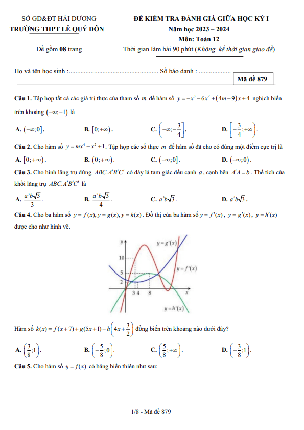 Đề thi giữa học kì 1 (HK1) lớp 12 môn Toán năm 2023 2024 trường THPT Lê Quý Đôn Hải Dương