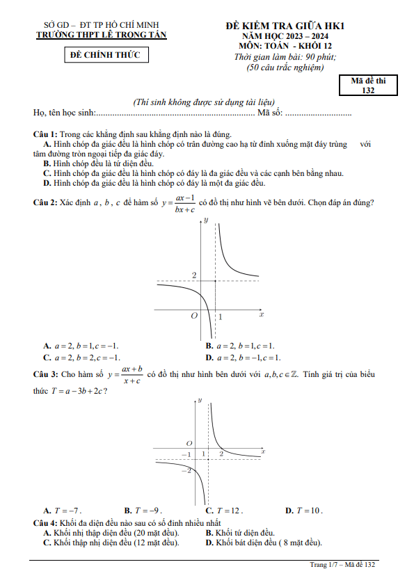 Đề thi giữa học kì 1 (HK1) lớp 12 môn Toán năm 2023 2024 trường THPT Lê Trọng Tấn TP HCM