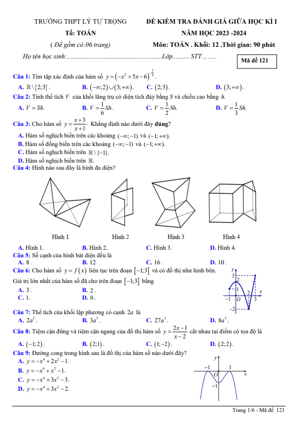 Đề thi giữa học kì 1 (HK1) lớp 12 môn Toán năm 2023 2024 trường THPT Lý Tự Trọng Khánh Hòa
