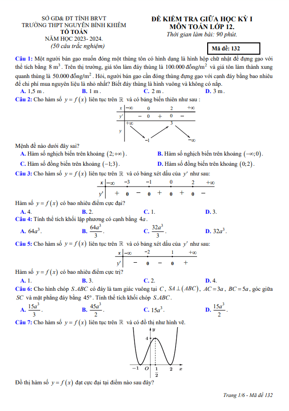 Đề thi giữa học kì 1 (HK1) lớp 12 môn Toán năm 2023 2024 trường THPT Nguyễn Bỉnh Khiêm BR VT