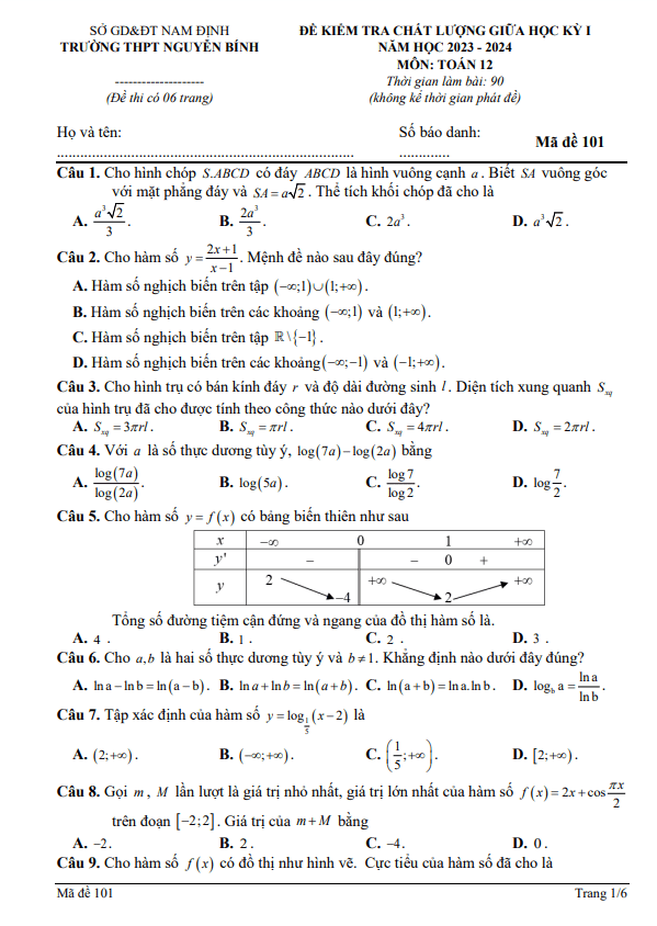 Đề thi giữa học kì 1 (HK1) lớp 12 môn Toán năm 2023 2024 trường THPT Nguyễn Bính Nam Định