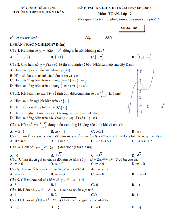 Đề thi giữa học kì 1 (HK1) lớp 12 môn Toán năm 2023 2024 trường THPT Nguyễn Trân Bình Định