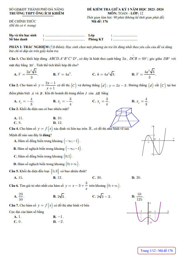 Đề thi giữa học kì 1 (HK1) lớp 12 môn Toán năm 2023 2024 trường THPT Ông Ích Khiêm Đà Nẵng