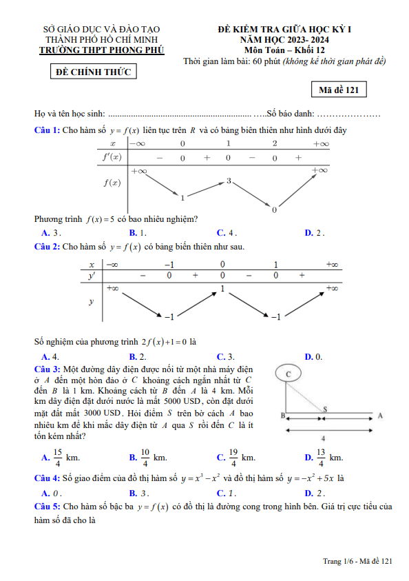 Đề thi giữa học kì 1 (HK1) lớp 12 môn Toán năm 2023 2024 trường THPT Phong Phú TP HCM