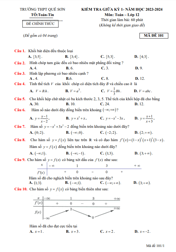 Đề thi giữa học kì 1 (HK1) lớp 12 môn Toán năm 2023 2024 trường THPT Quế Sơn Quảng Nam