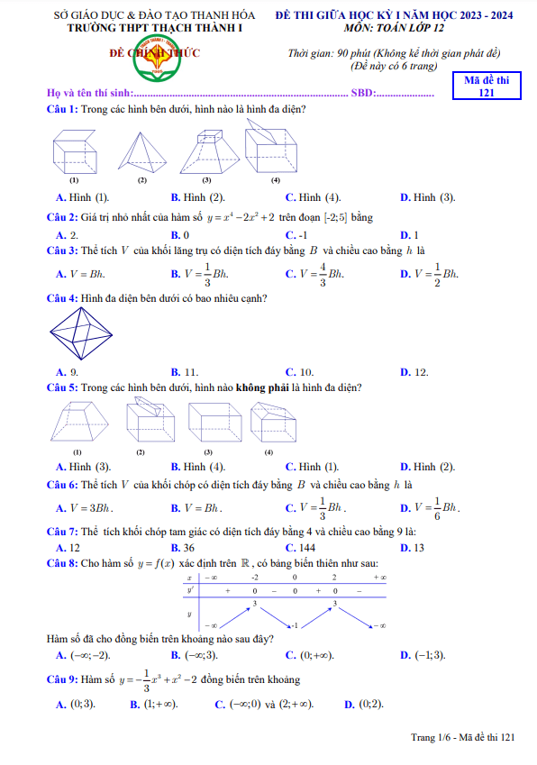 Đề thi giữa học kì 1 (HK1) lớp 12 môn Toán năm 2023 2024 trường THPT Thạch Thành 1 Thanh Hóa