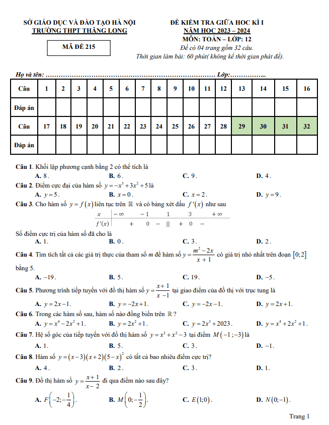 Đề thi giữa học kì 1 (HK1) lớp 12 môn Toán năm 2023 2024 trường THPT Thăng Long Hà Nội