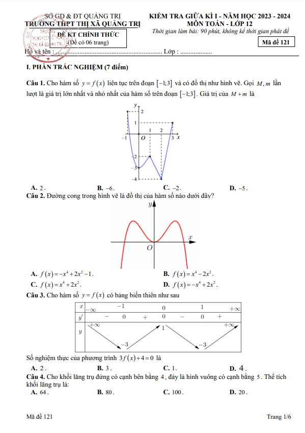 Đề thi giữa học kì 1 (HK1) lớp 12 môn Toán năm 2023 2024 trường THPT Thị xã Quảng Trị