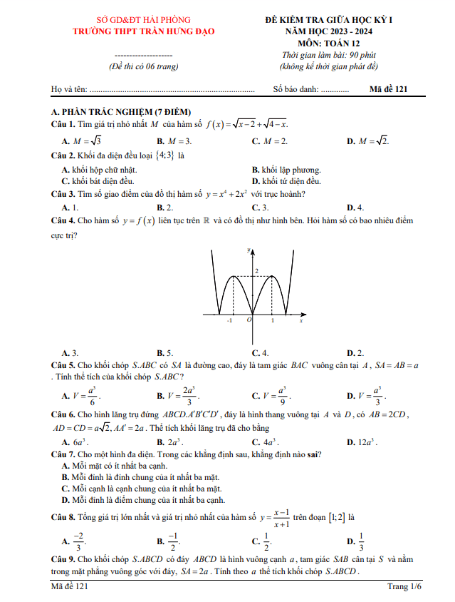Đề thi giữa học kì 1 (HK1) lớp 12 môn Toán năm 2023 2024 trường THPT Trần Hưng Đạo Hải Phòng