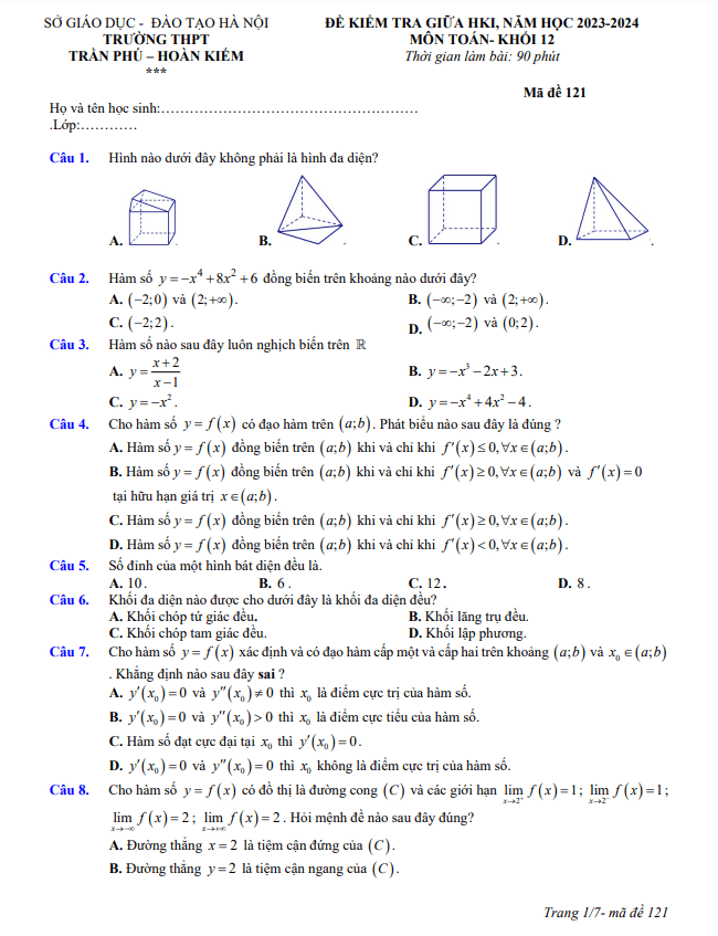 Đề thi giữa học kì 1 (HK1) lớp 12 môn Toán năm 2023 2024 trường THPT Trần Phú Hà Nội