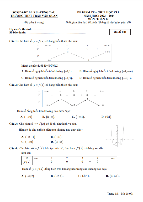 Đề thi giữa học kì 1 (HK1) lớp 12 môn Toán năm 2023 2024 trường THPT Trần Văn Quan BR VT