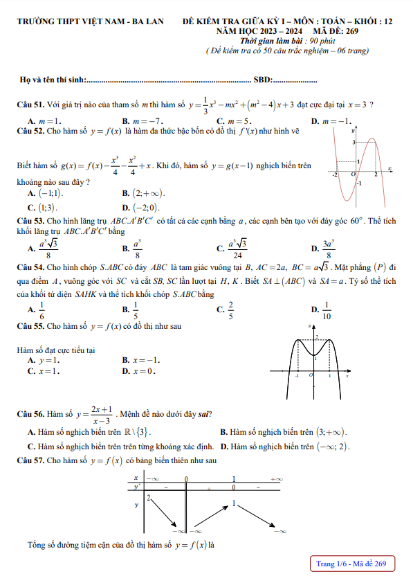 Đề thi giữa học kì 1 (HK1) lớp 12 môn Toán năm 2023 2024 trường THPT Việt Nam Ba Lan Hà Nội