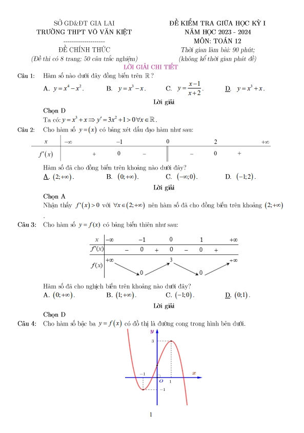 Đề thi giữa học kì 1 (HK1) lớp 12 môn Toán năm 2023 2024 trường THPT Võ Văn Kiệt Gia Lai