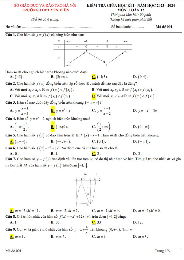 Đề thi giữa học kì 1 (HK1) lớp 12 môn Toán năm 2023 2024 trường THPT Yên Viên Hà Nội